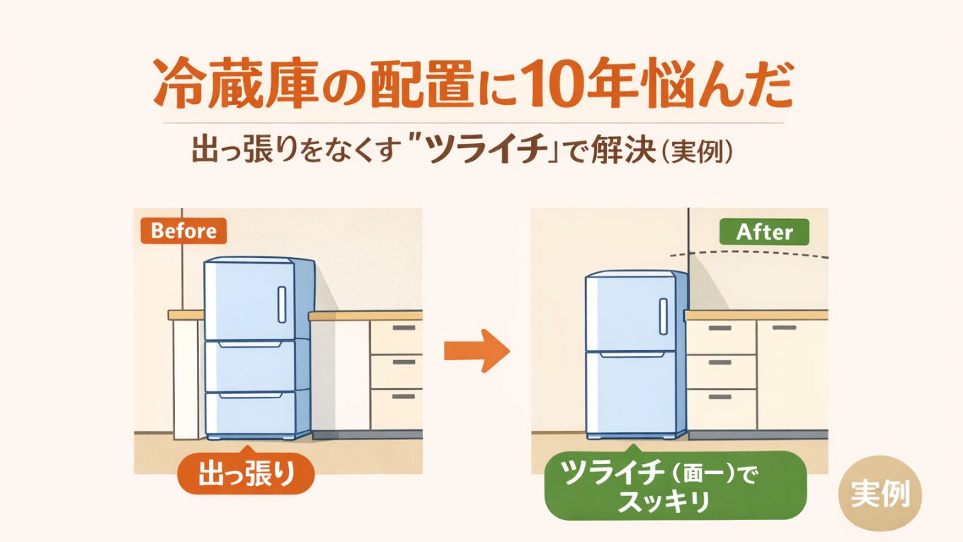 62㎡中古マンションリノベ WEB内覧会③｜冷蔵庫が邪魔…を解決！出っ張らない配置（ツライチ）×対面キッチンの考え方